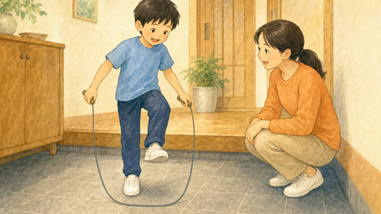 玄関先で、なわとびを跳ぶ子と、しゃがんで見守る保護者の様子(イラスト)