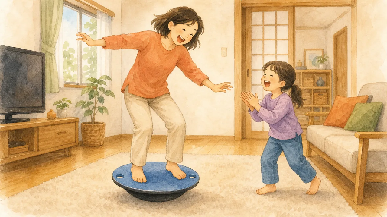 保護者が先にバランスボードの上でよろけて笑い、子どもがおもしろがって見ている様子(イラスト)
