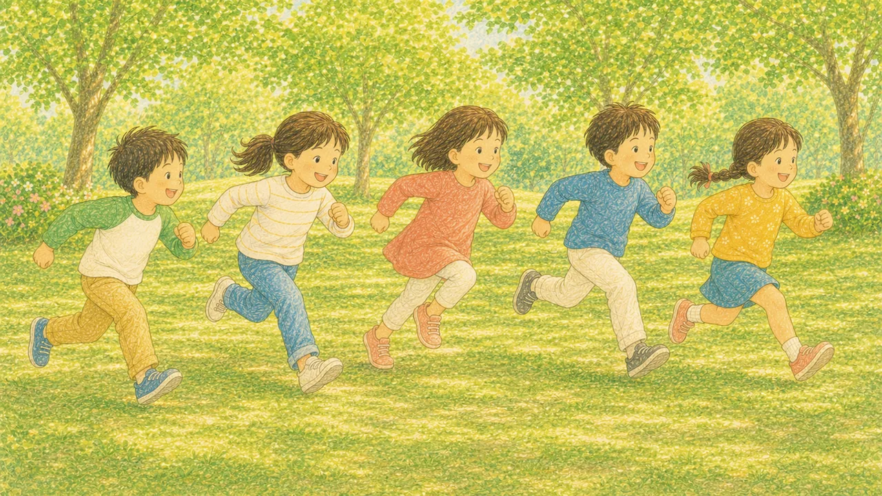 公園で子どもたちが横並びで元気にかけっこをする様子(イラスト)