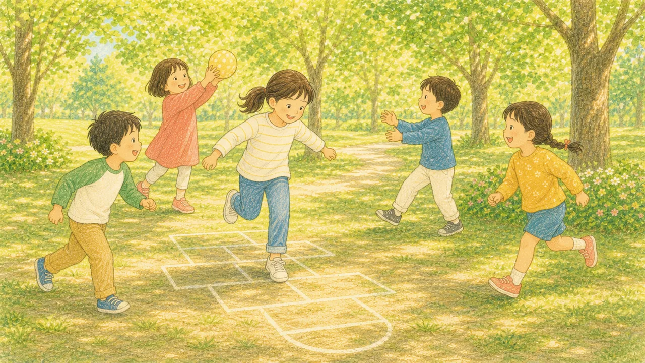 公園でケンケンやボール遊びなど、いろいろな動きを楽しむ子どもたち(イラスト)
