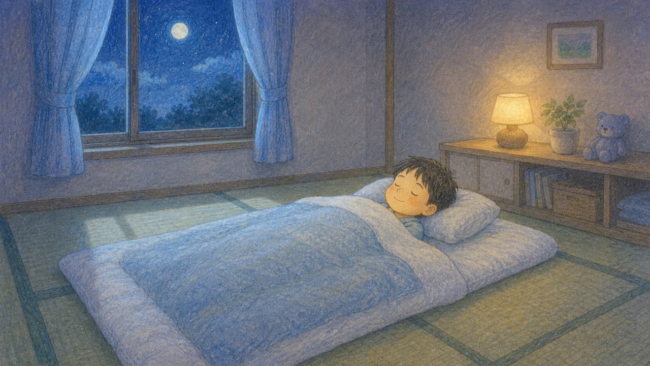夜ぐっすり眠り、朝ごはんを食べて一日を始める子どもの様子(イラスト)