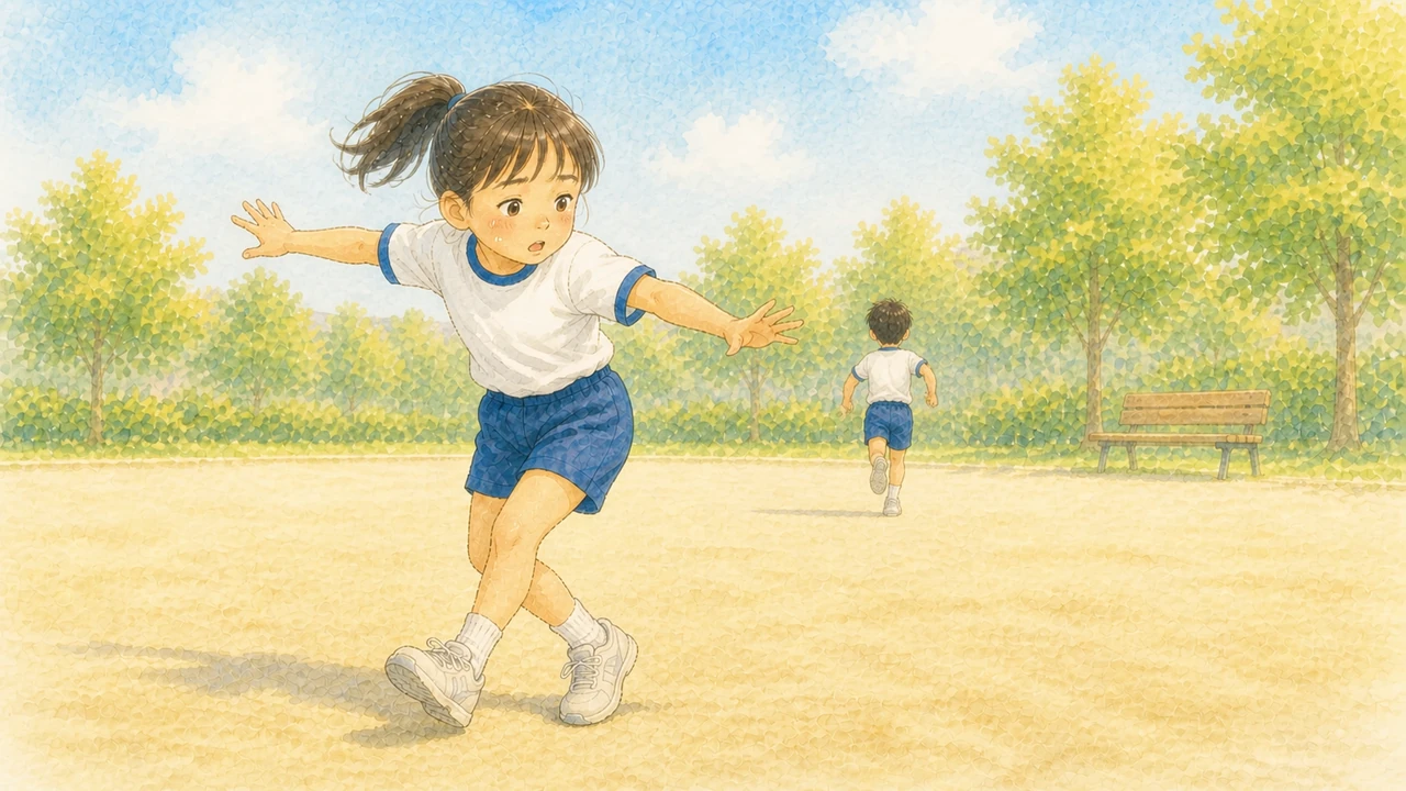 公園で鬼ごっこの途中、急に向きを変えた小学生の女の子の足がもつれてよろけている様子(イラスト)