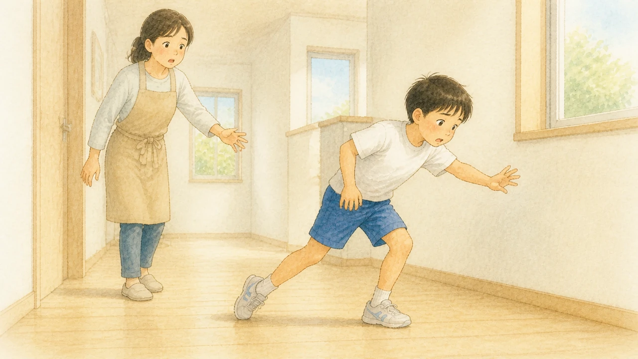 廊下の平らな床で、何もない所につまずいて前へよろけた小学生の男の子と、驚いて手を伸ばす母親の様子(イラスト)