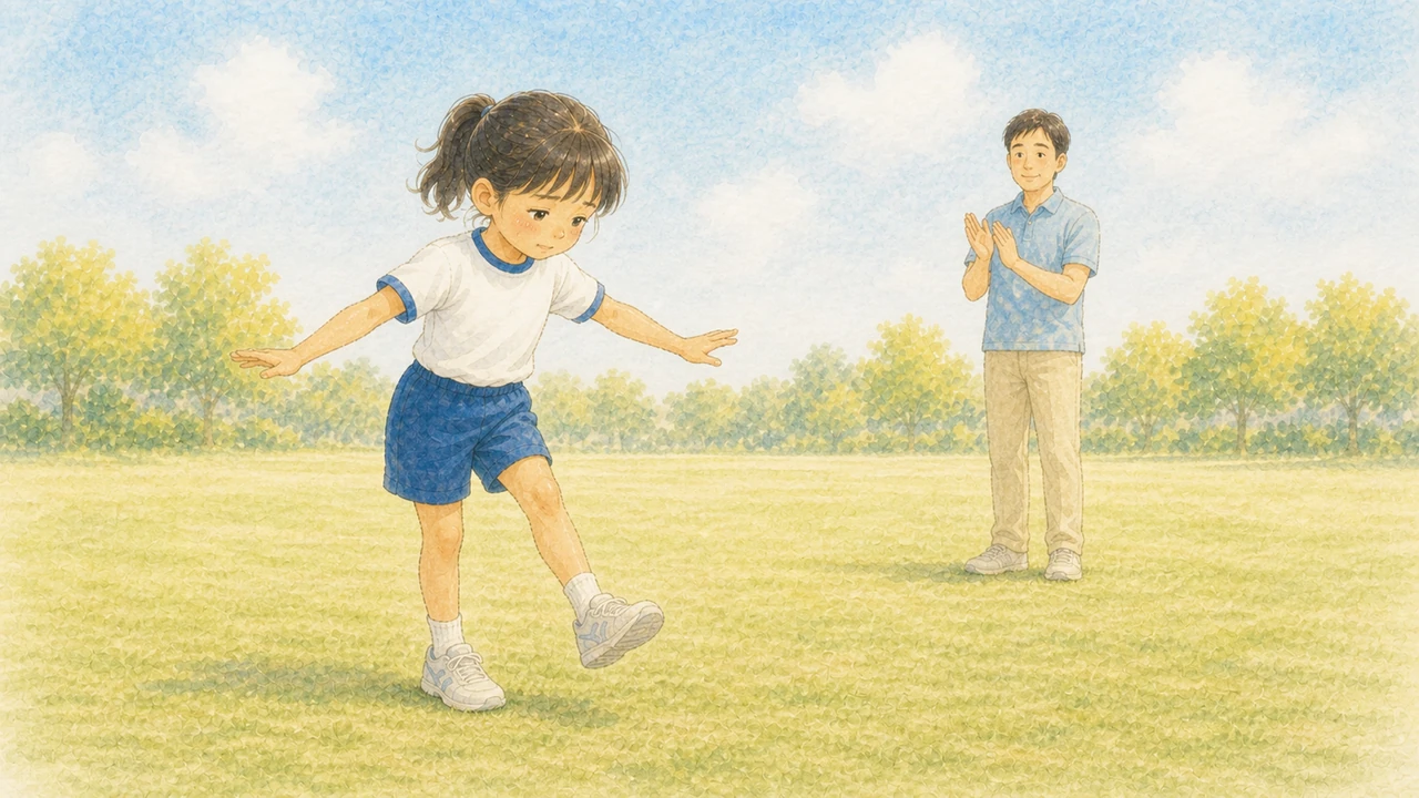 公園の広場で、ケンケンから片足でピタッと止まった小学生の女の子と、手拍子をしている父親の様子(イラスト)