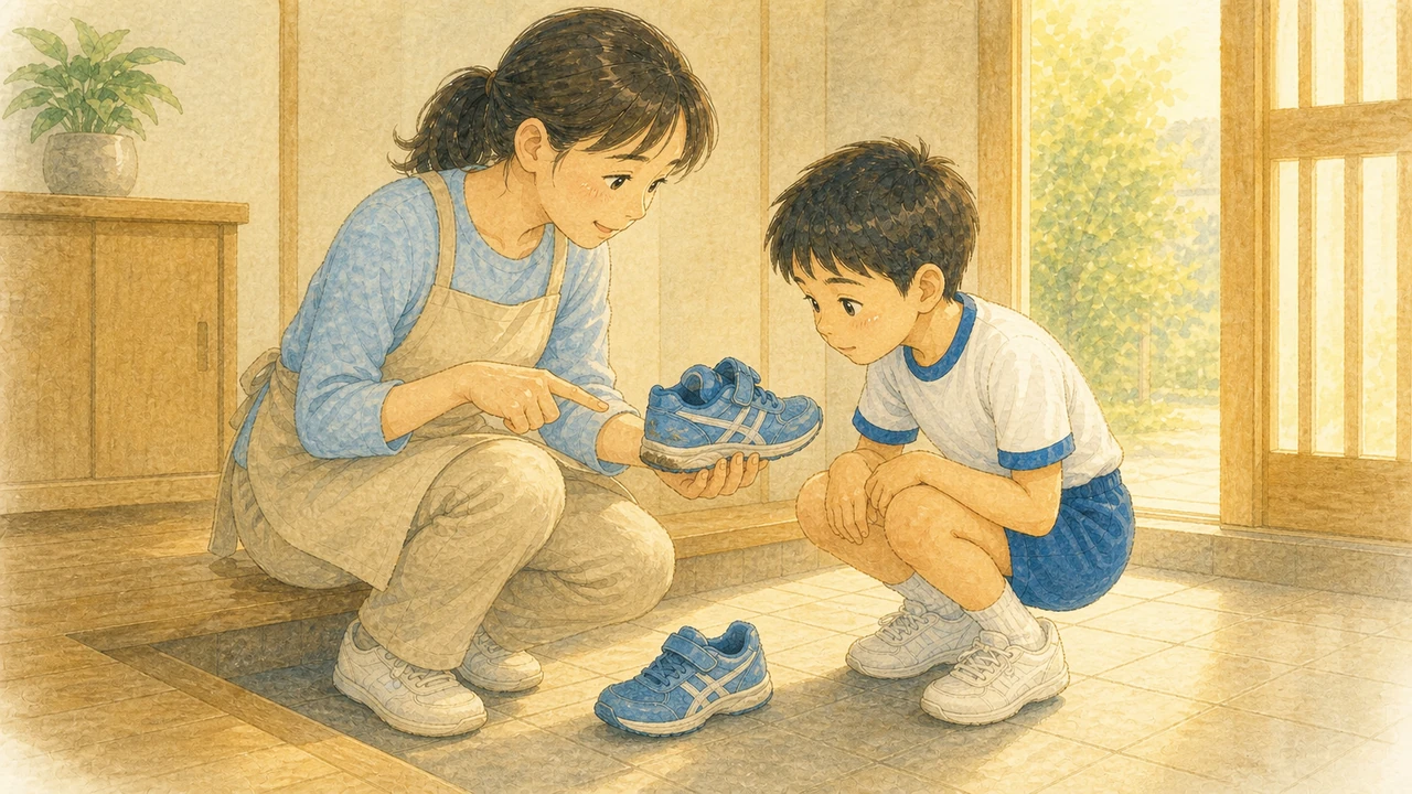 玄関で、母親と小学生の男の子が子どもの運動靴のかかとを手に取って一緒に確かめている様子(イラスト)