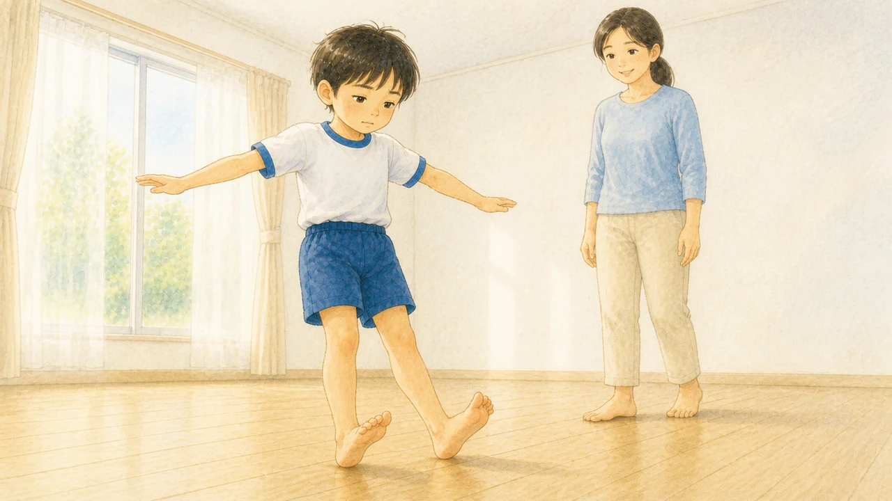 リビングで、裸足の小学生の男の子がつま先を浮かせてかかとだけで歩き、母親が横で見守っている様子(イラスト)