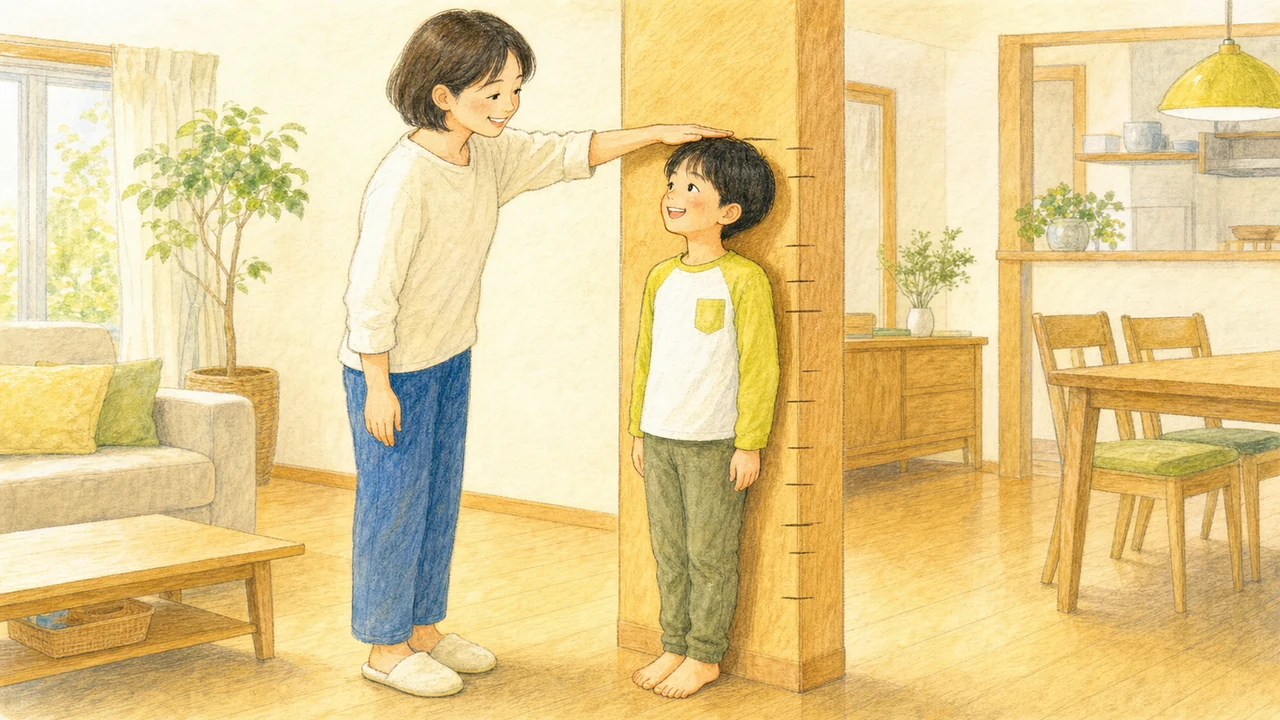 柱の前で背比べをして成長を喜ぶ親子の様子(イラスト)