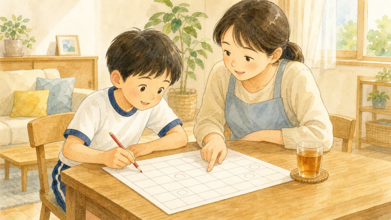 リビングのテーブルで、母親と小学生の子どもがカレンダーを見ながら、残りの日に印をつけて相談している様子。テーブルと同じくらいの高さから、二人を斜め前から見た構図(イラスト)
