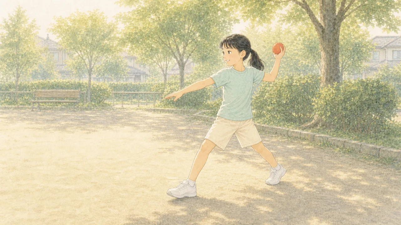右手にボールを持った子どもが、左足を前に大きく踏み出している様子(イラスト)
