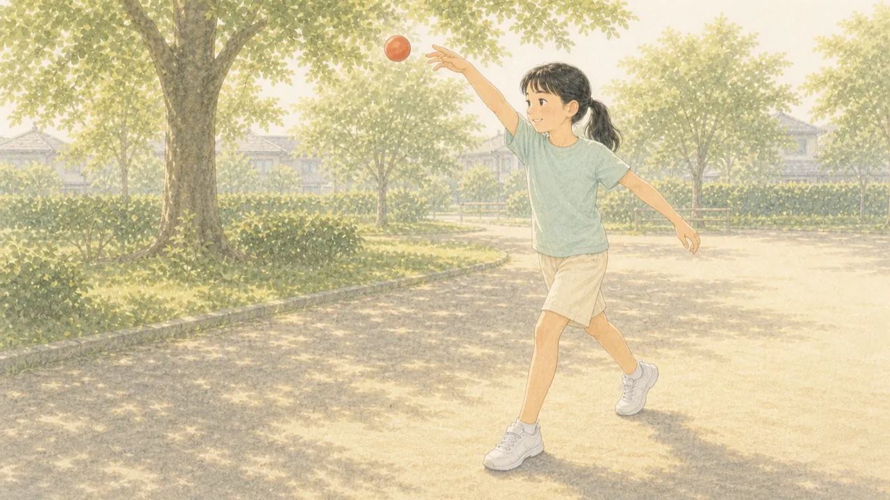 子どもが肘を肩より高く保ち、耳の横を通して上から投げている様子(イラスト)