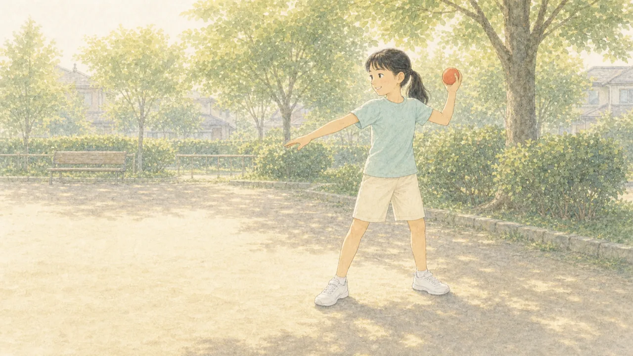 子どもが投げる前に、体を横向きにして左肩を目標のほうへ向けて構えている様子(イラスト)