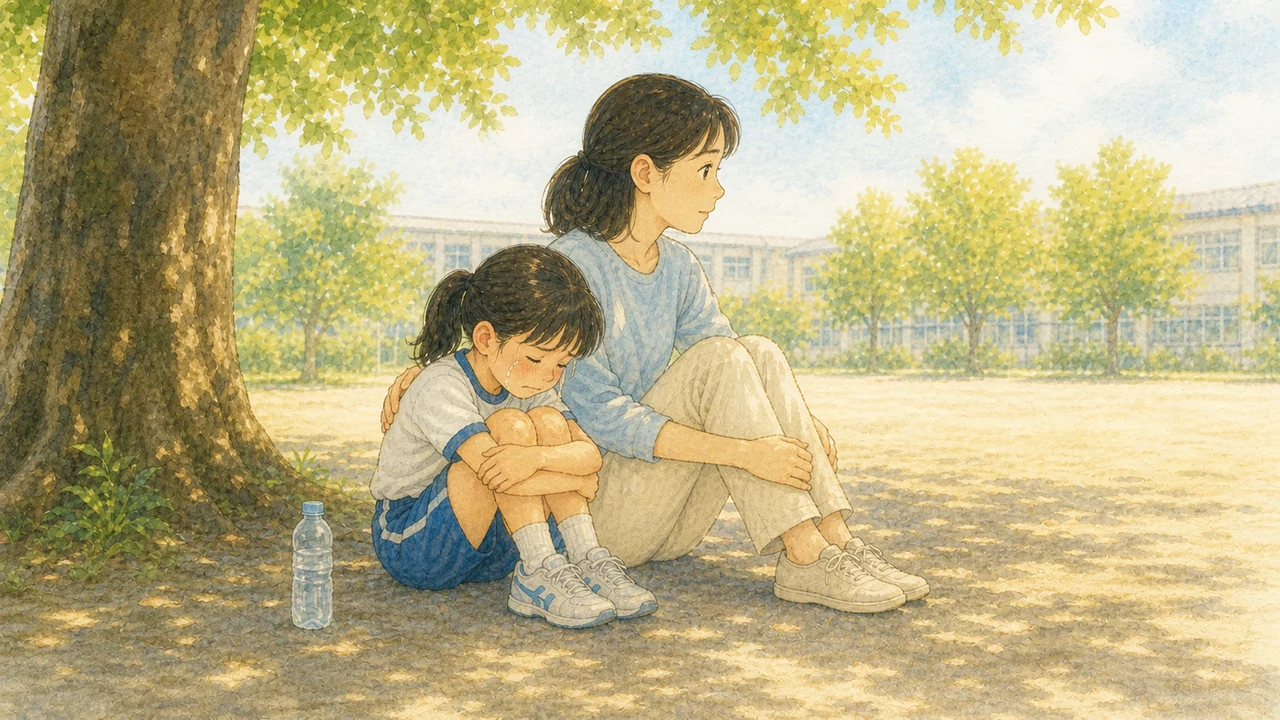 校庭の木陰で、泣いている子のとなりに黙って座り、背中にそっと手を置く母親(イラスト)