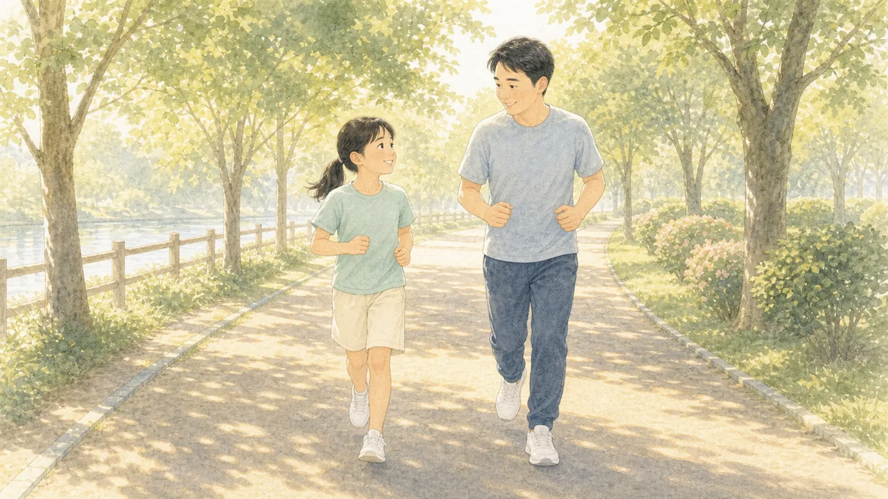 朝や夕方の涼しい時間に、親子で公園を走って練習している様子(イラスト)