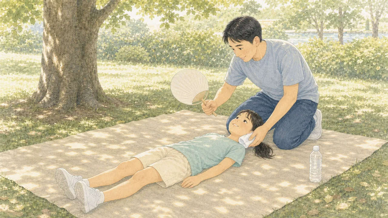 日陰で子どもを寝かせ、体を冷やしながら介抱している親の様子(イラスト)