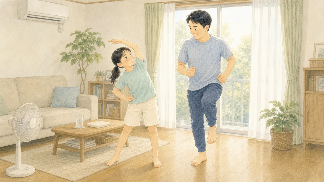 暑すぎる日に外の練習をやめて、室内で親子が体を動かしている様子(イラスト)