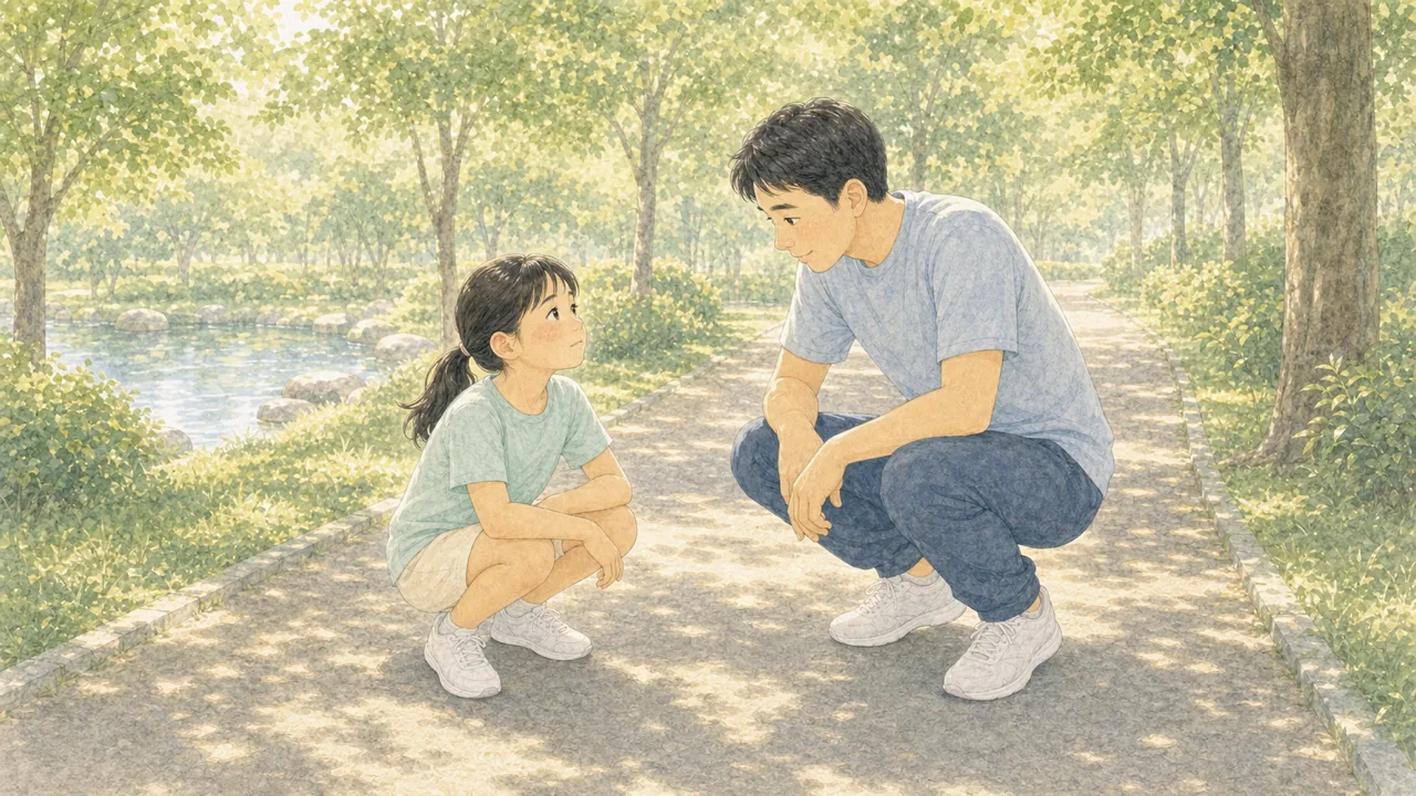 走っている子どもの様子がおかしいことに、親がしゃがんで気づいた様子(イラスト)