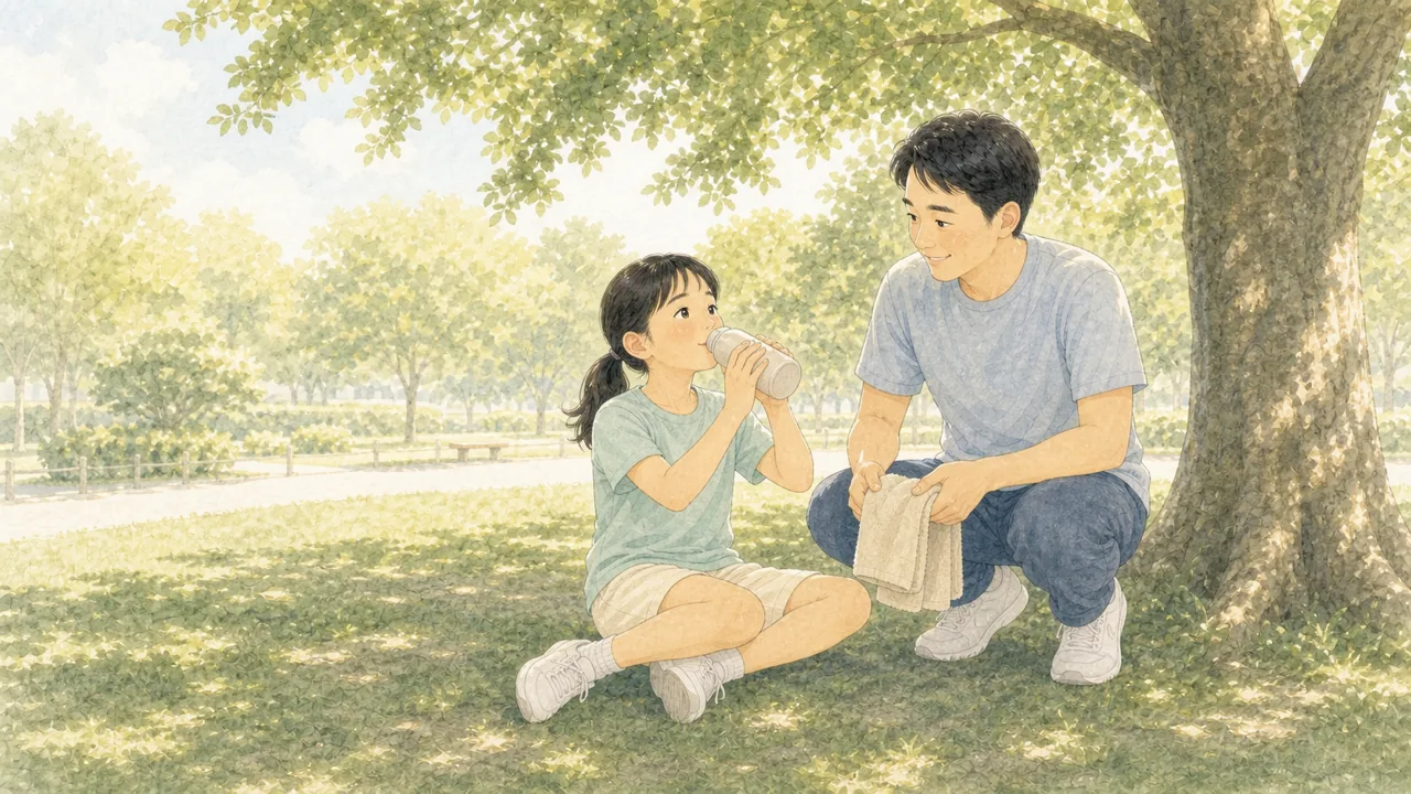 練習の合間に、日陰で水分をとって休んでいる親子の様子(イラスト)