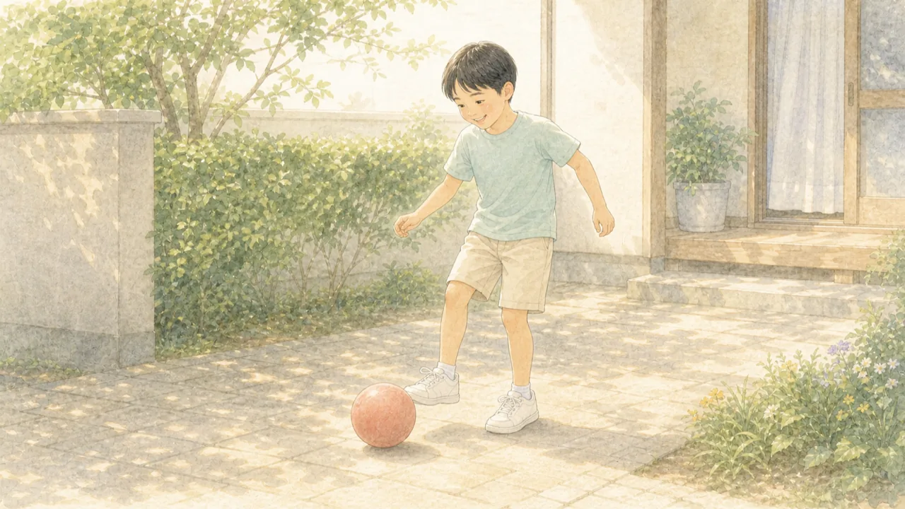 子どもが家の前で、遊びのようにボールで体を動かしている様子(イラスト)