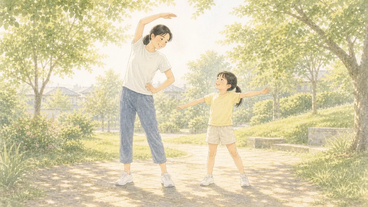 夏休みの朝、親子で公園でかるく体を動かしている様子(イラスト)