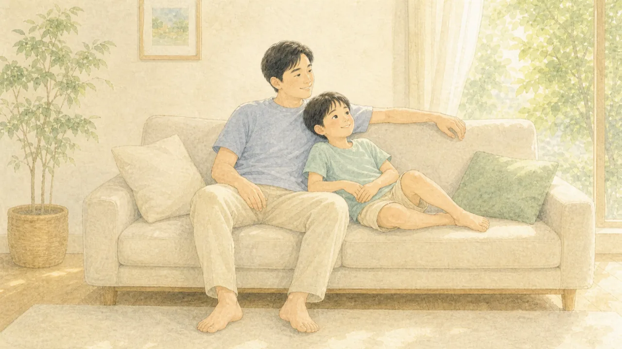 運動をお休みして、親子でソファでのんびりすごしている様子(イラスト)