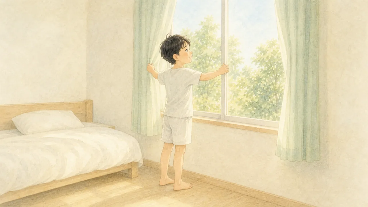 朝、決まった時間に起きてカーテンを開ける子どもの様子(イラスト)