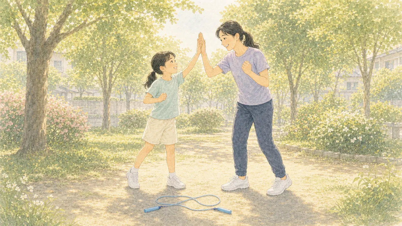 縄跳びが1回跳べて、親子でハイタッチして喜んでいる様子(イラスト)