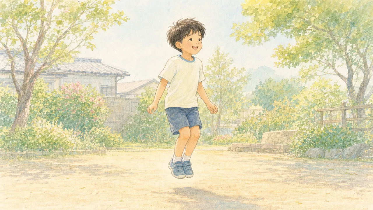 縄を持たずに、子どもがその場で軽く連続ジャンプをしている様子(イラスト)