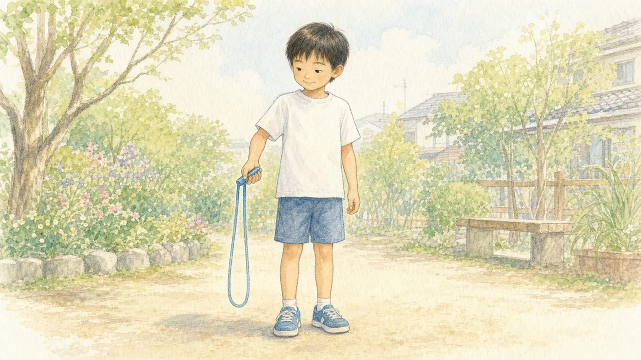 子どもが縄を二つ折りにして持ち、体の横で小さく回している様子(イラスト)
