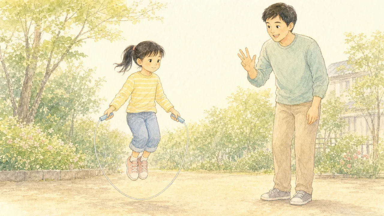 親が「今!」と声をかけ、子どもが縄を前に回して1回だけ跳んでいる様子(イラスト)