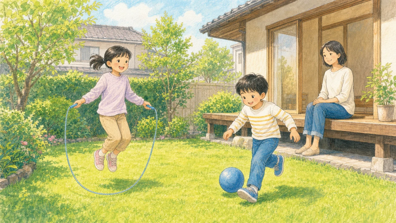 家の庭で縄跳びやボール遊びに取り組む子どもと見守る保護者の様子(イラスト)