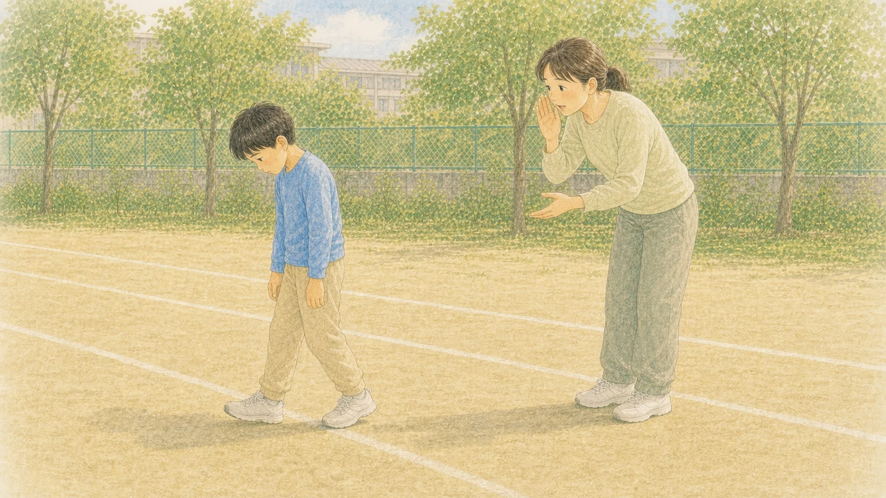 練習を見ている保護者が「もっと頑張れ」と声をかけ、子どもがうつむいている様子（イラスト）