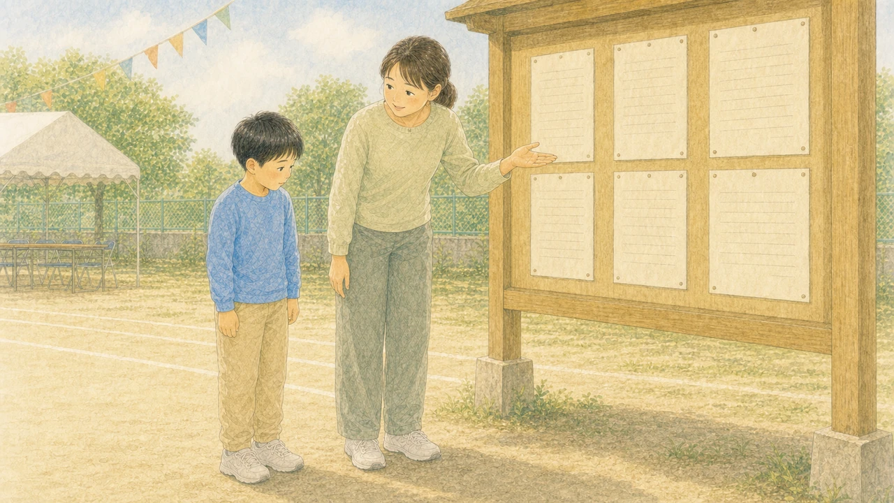 かけっこの順位表を見て、子どもに結果を尋ねている保護者の様子（イラスト）