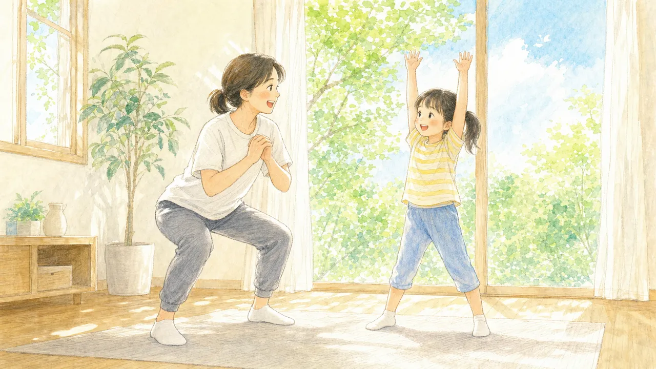 親子が向かい合って、楽しそうに準備運動をしている様子(イラスト)