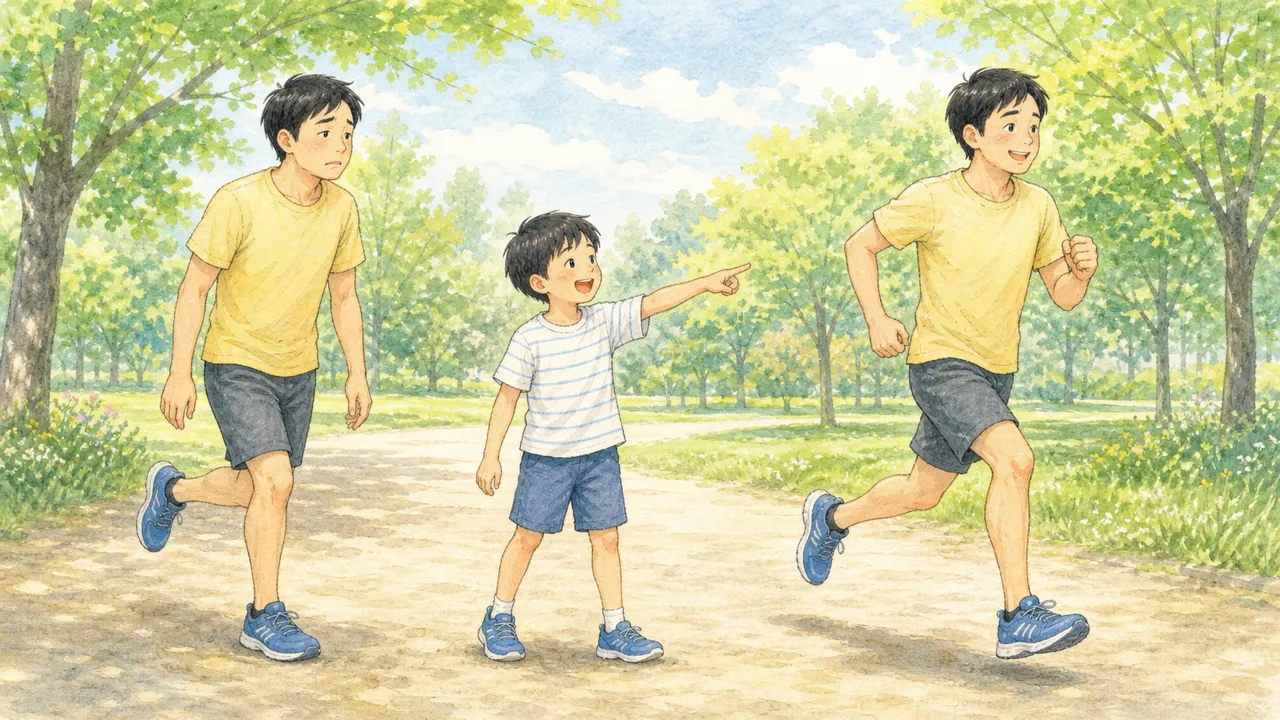 親が2種類の走り方をやって見せて、子どもが指さして選んでいる様子(イラスト)