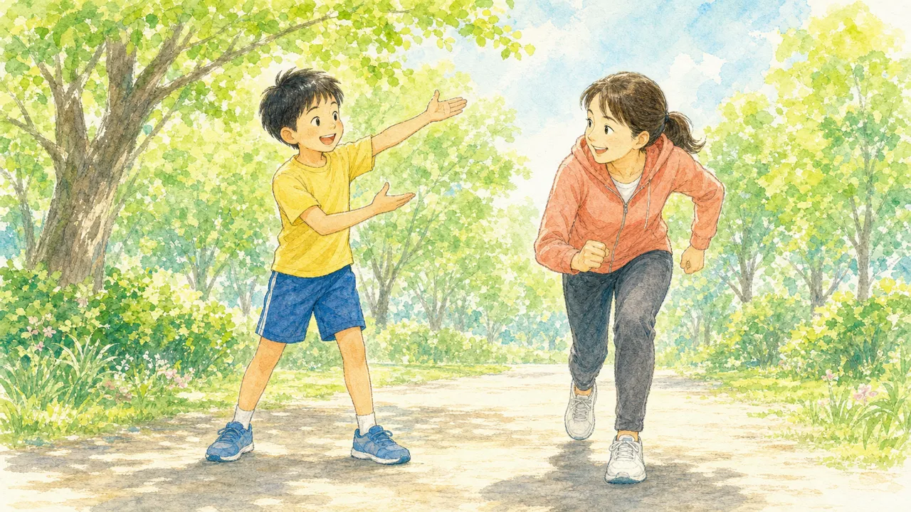 子どもがコーチ役になって、親の腕振りを身ぶりつきで直している様子(イラスト)