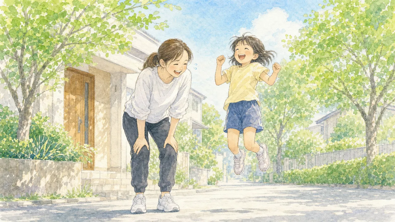 親子が並んでその場ジャンプをして、親のほうが息を切らしている様子(イラスト)