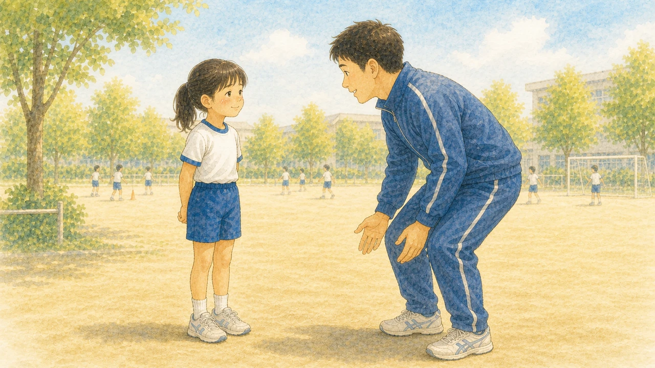 練習の合間に、コーチから声をかけられて照れたように笑っている小学生の女の子の様子(イラスト)