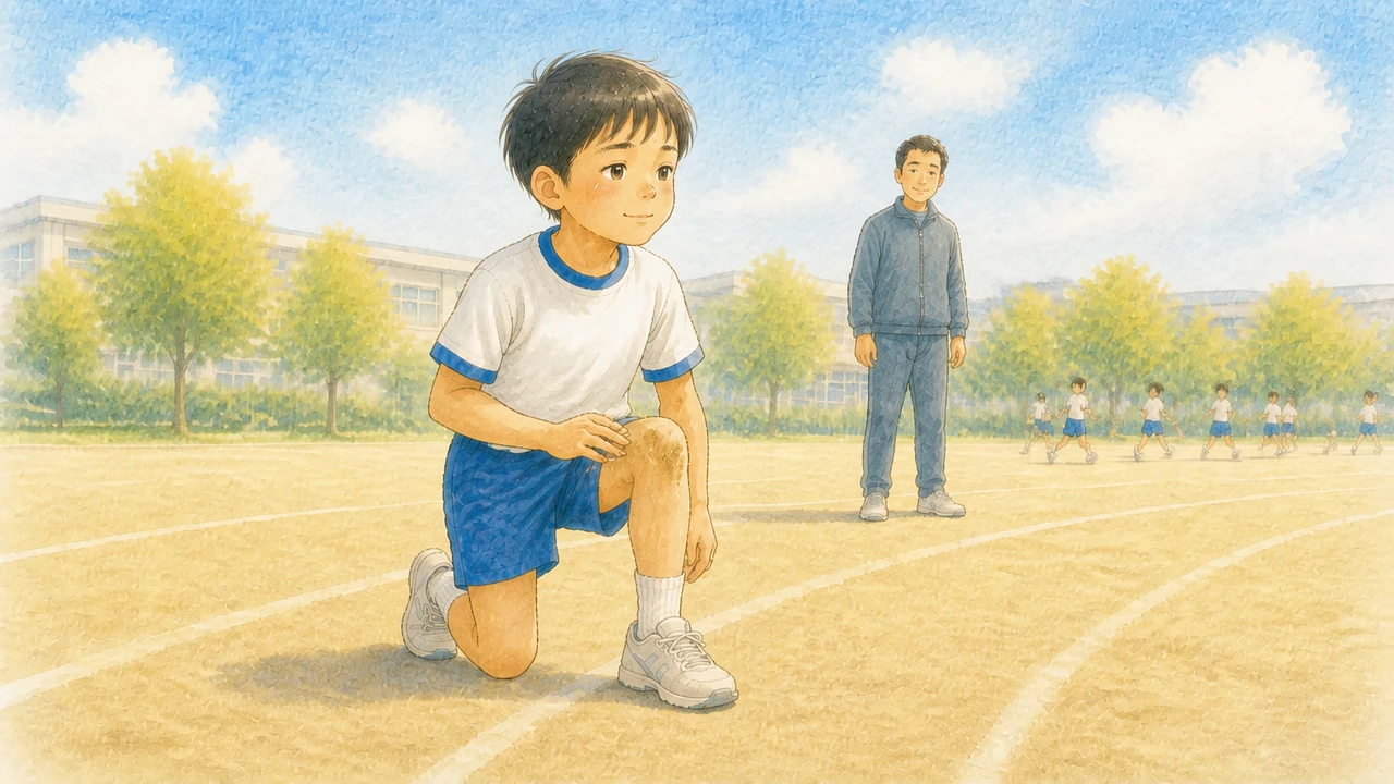 グラウンドで転んだあと、砂をはらいながら前を向いて立ち上がろうとしている小学生の男の子と、少し離れて見守るコーチの様子(イラスト)
