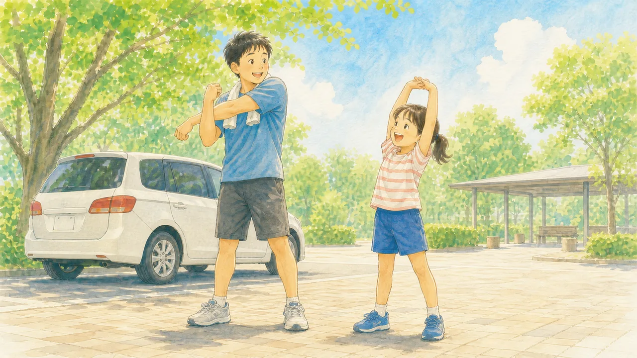夏のサービスエリアで、車から降りて大きく背伸びをする女の子と、肩を回す父親(イラスト)