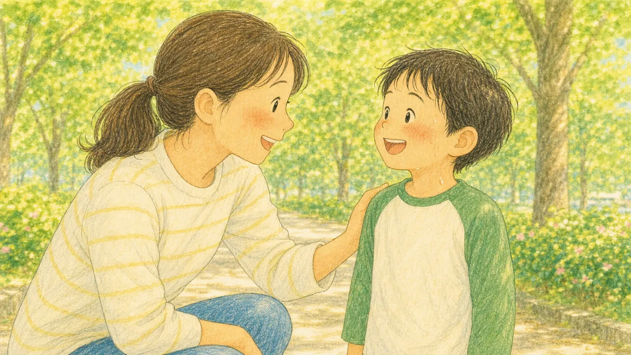 走り終えた子どもに、親が笑顔で声をかけている様子(イラスト)
