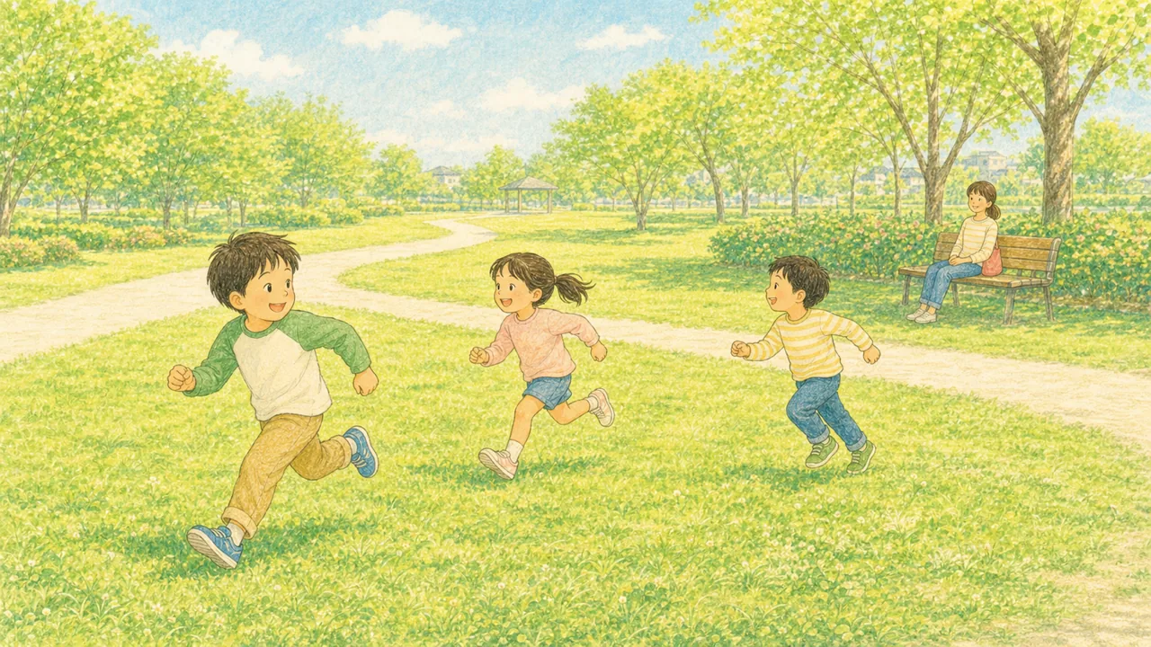 子どもが公園で友達と自由に走り回り、親が離れたベンチから見ている様子(イラスト)