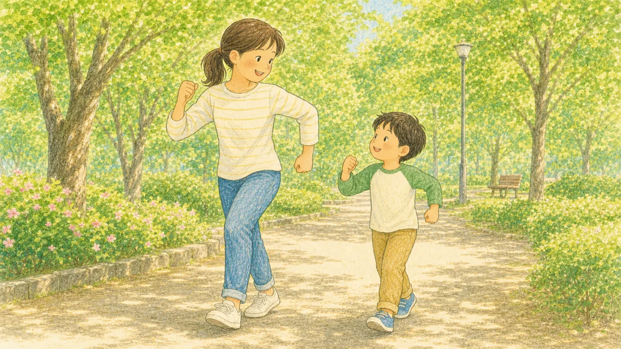 親と子が並んでその場で腕を振り、子どもが親の動きを真似している様子(イラスト)