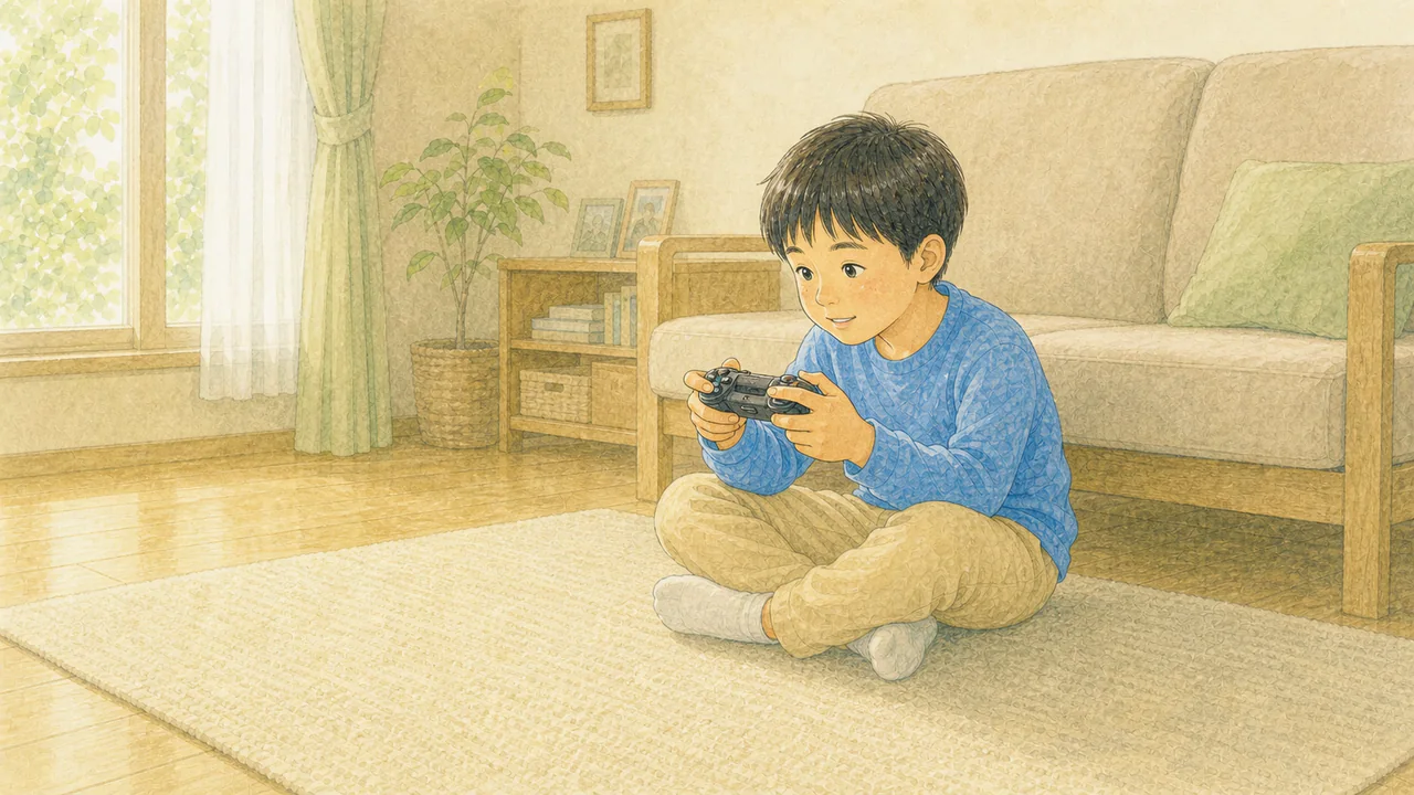 室内でゲームに夢中になっている子どもの様子(イラスト)