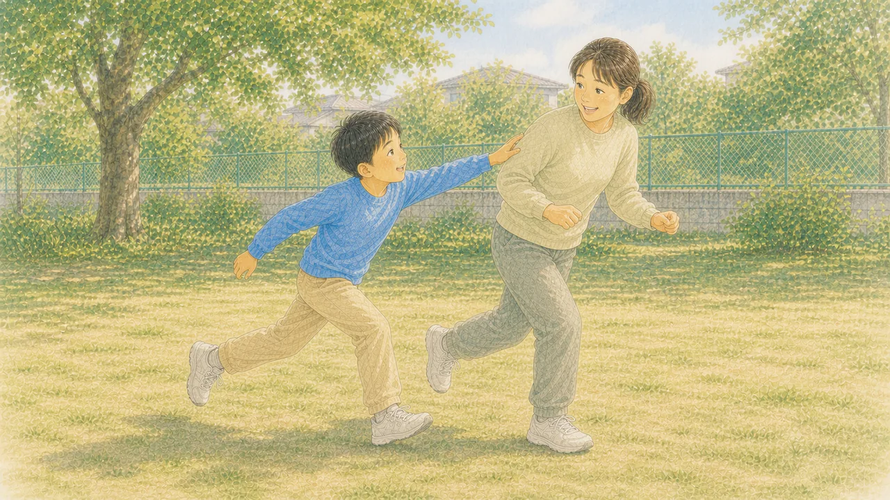公園で親子が体を動かして楽しく遊んでいる様子(イラスト)