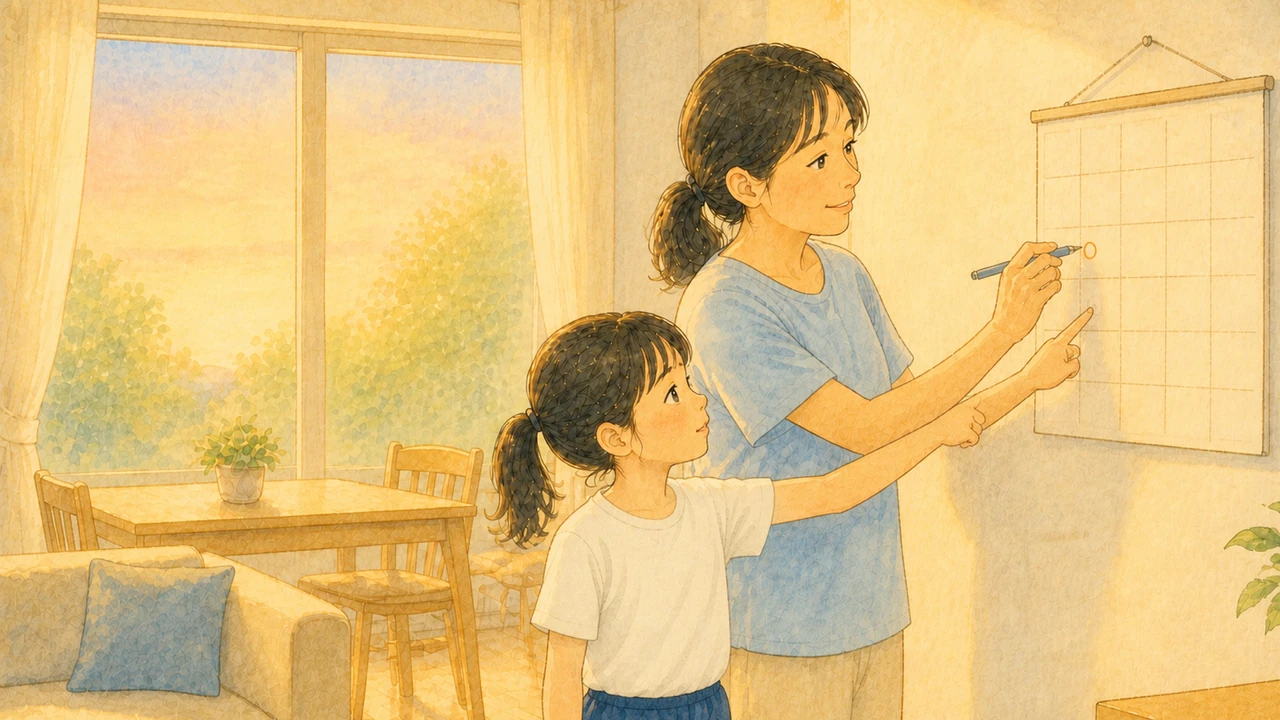 夕方のリビングで、母親と小学生の子どもが壁のカレンダーの前に立ち、お風呂の前の時間に印をつけて相談している様子(イラスト)
