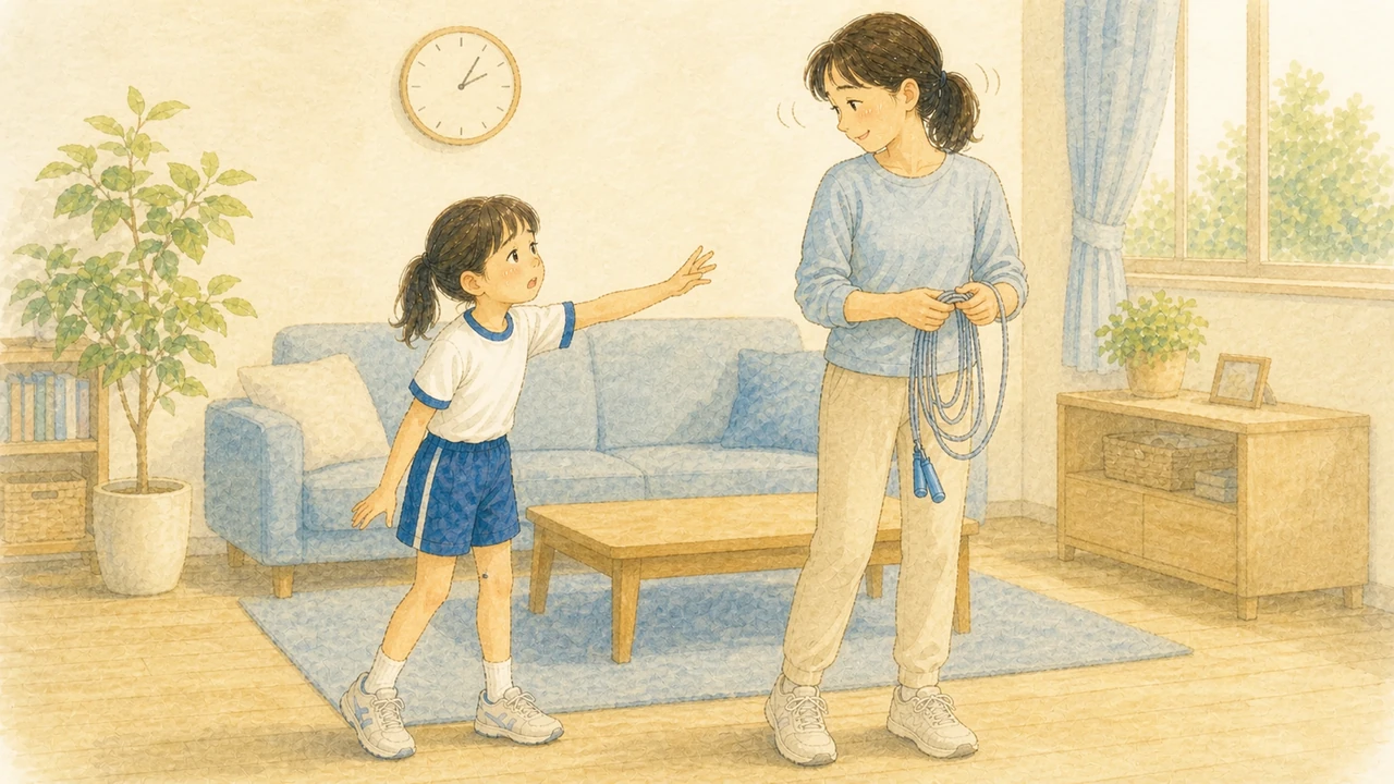 10分たって片づけを始める母親に、まだやりたそうな顔をした子どもが手を伸ばしている様子(イラスト)