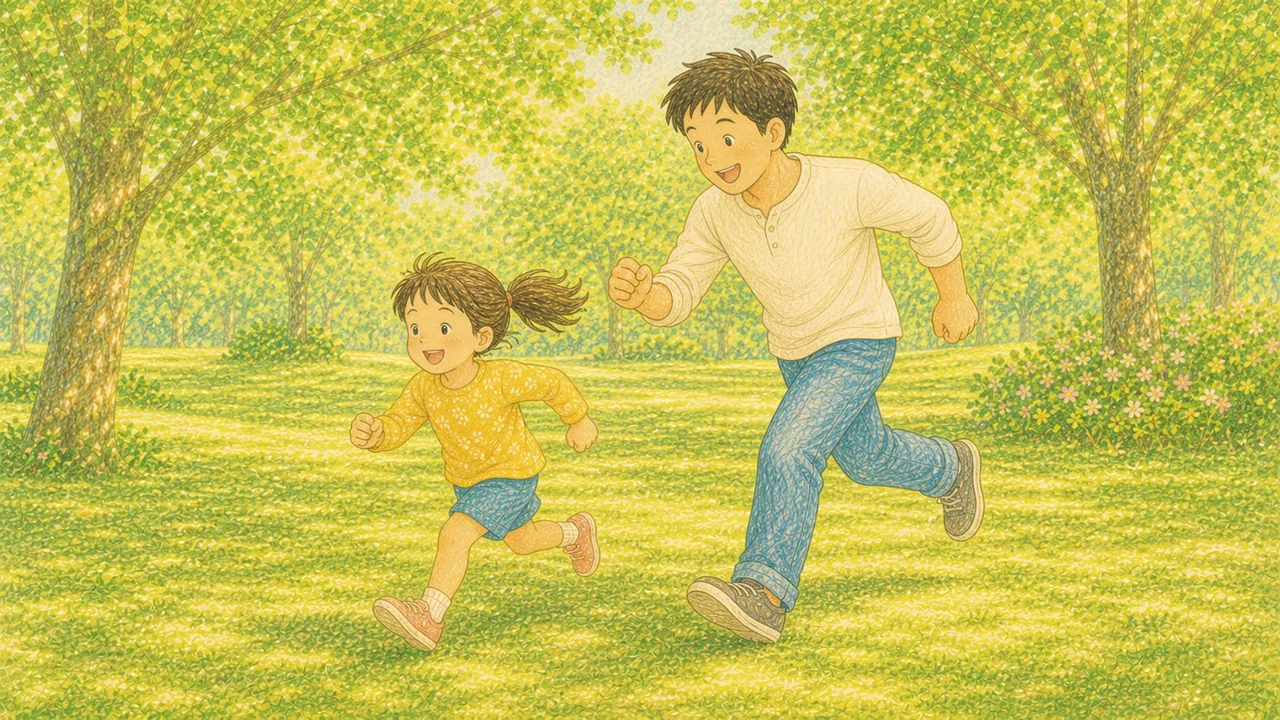 公園で親子が一緒に走って体を動かして遊ぶ様子(イラスト)