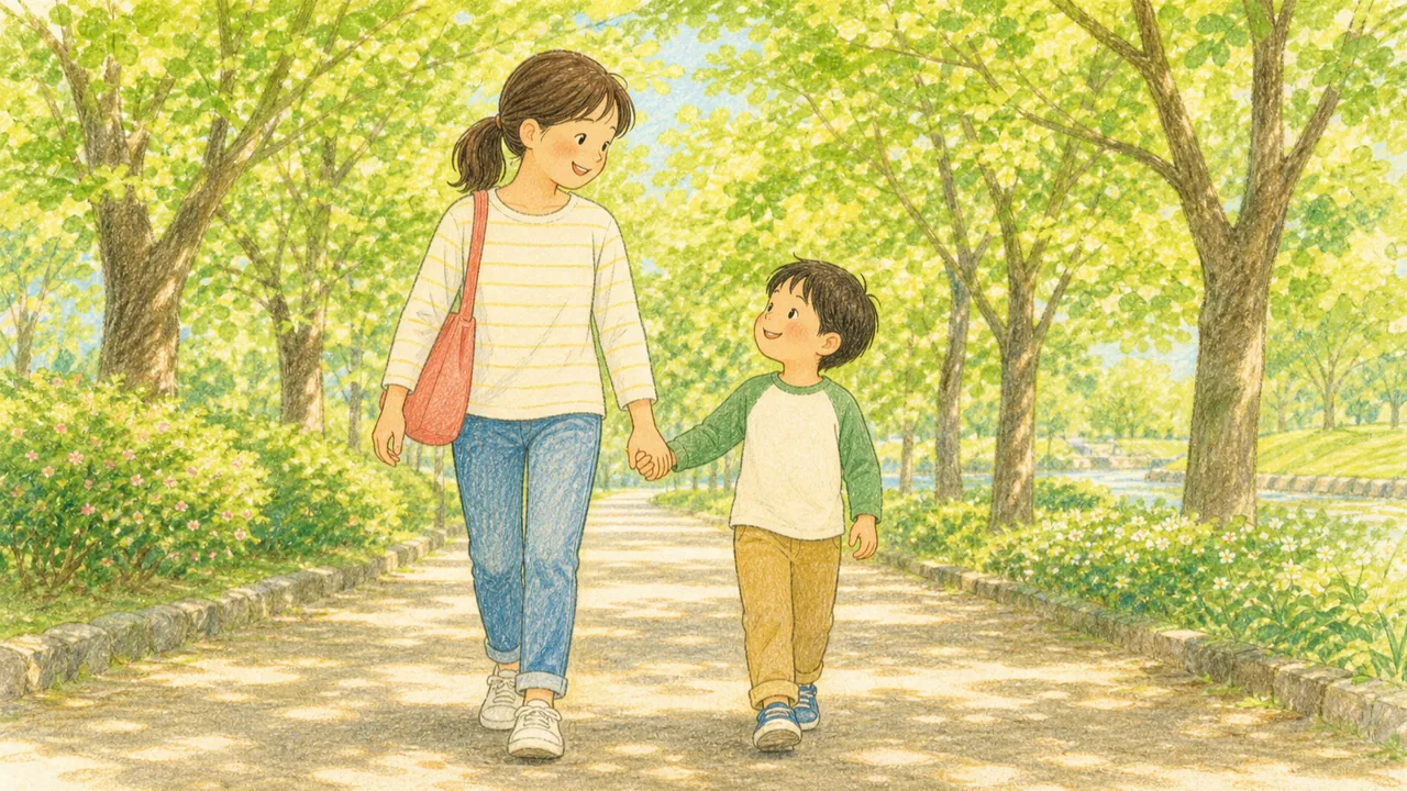 公園で親子が手をつないで穏やかに歩く様子(イラスト)