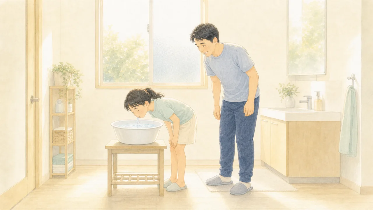 洗面器に口までつけて、子どもがブクブクと息を吐いている様子(イラスト)
