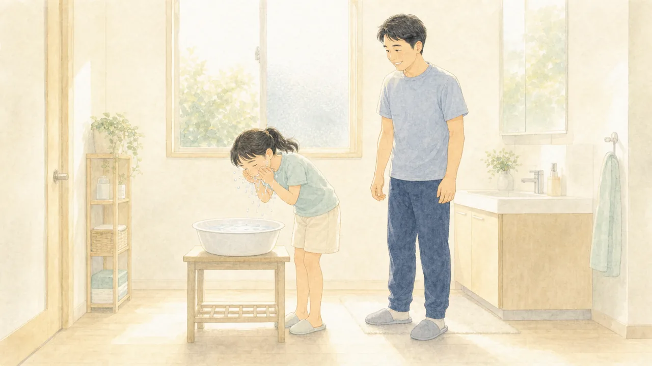 洗面所で、子どもが洗面器の水を手ですくって顔にかけ、保護者がとなりで見守っている様子(イラスト)